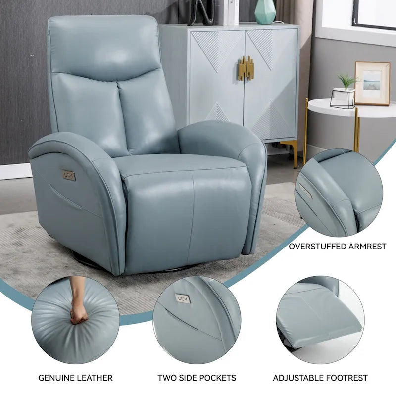 Fauteuil inclinable électrique pivotant et à bascule en cuir véritable 270 pour personnes âgées, canapé simple de salon avec support lombaire et accoudoirs roulés