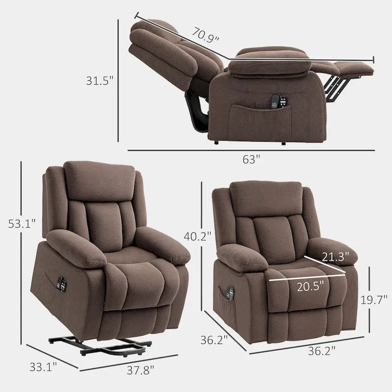 Fauteuil inclinable releveur électrique HOMCOM pour personnes âgées avec massage et chaleur, fauteuil de massage en tissu avec télécommandes