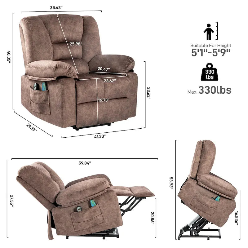 Fauteuil inclinable électrique moderne de relaxation, canapé de massage individuel avec chauffage lombaire et minuterie pour personnes âgées