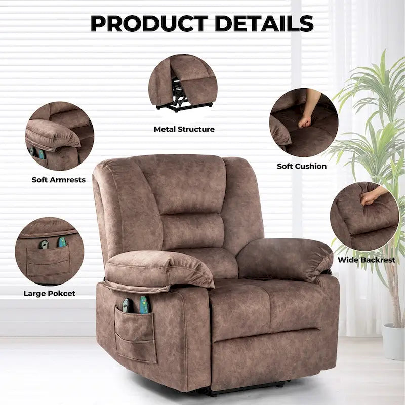 Fauteuil inclinable électrique moderne de relaxation, canapé de massage individuel avec chauffage lombaire et minuterie pour personnes âgées