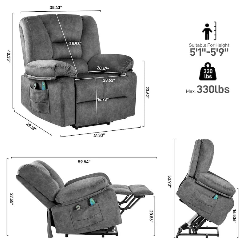 Fauteuil inclinable électrique moderne de relaxation, canapé de massage individuel avec chauffage lombaire et minuterie pour personnes âgées
