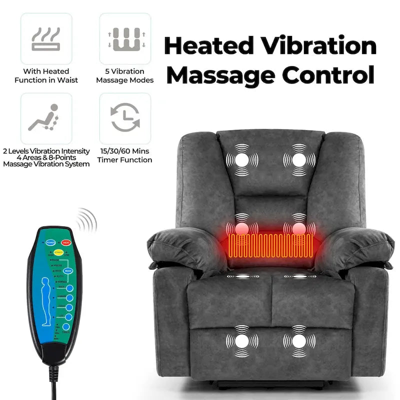 Fauteuil inclinable électrique moderne de relaxation, canapé de massage individuel avec chauffage lombaire et minuterie pour personnes âgées