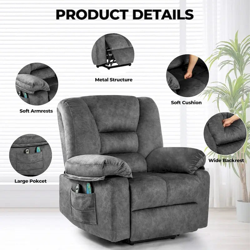 Fauteuil inclinable électrique moderne de relaxation, canapé de massage individuel avec chauffage lombaire et minuterie pour personnes âgées