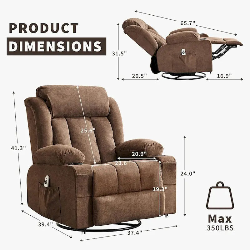 Fauteuil inclinable, Fauteuils à bascule avec massage et chauffage, Poches latérales et porte-gobelet