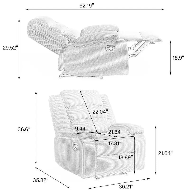 Fauteuil inclinable manuel moderne 36 W en coton/velours côtelé à dossier inclinable