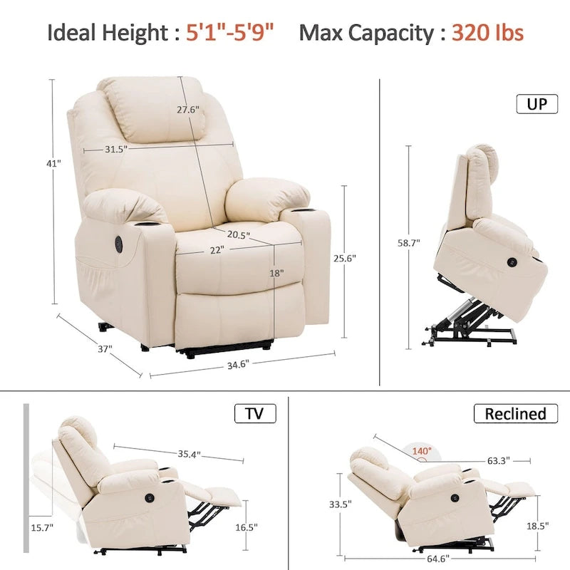MCombo Fauteuil inclinable électrique releveur avec massage et chauffage, 3 positions, ports USB, similicuir 7040