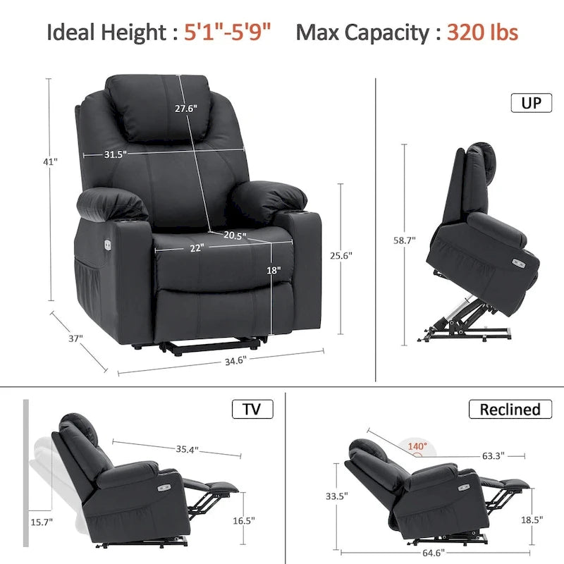 MCombo Fauteuil inclinable électrique releveur avec massage et chauffage, 3 positions, ports USB, similicuir 7040
