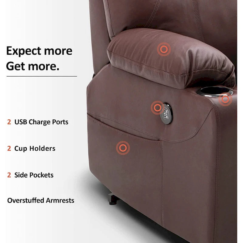 MCombo Fauteuil inclinable électrique releveur avec massage et chauffage, 3 positions, ports USB, similicuir 7040