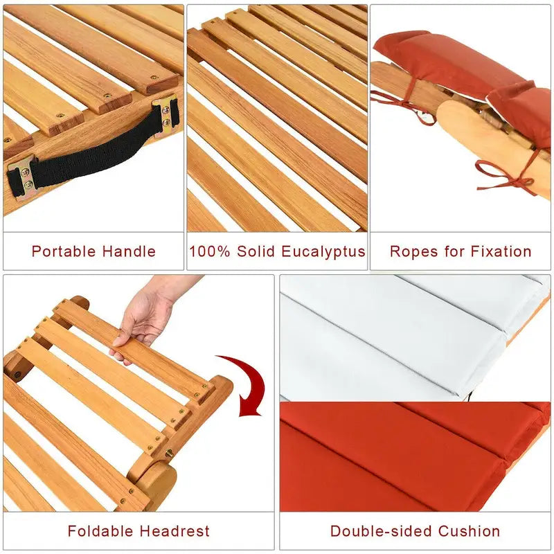Gymax Lot de 2 chaises longues pliables d'extérieur en eucalyptus – Voir les détails