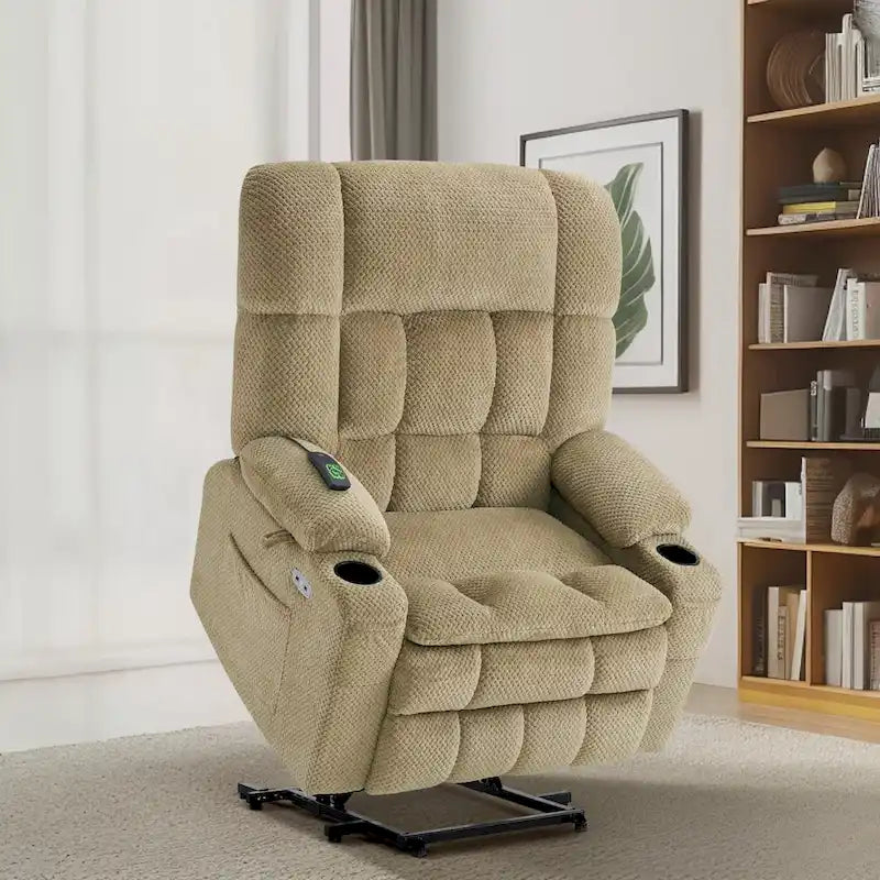 Fauteuil inclinable et releveur électrique MCombo à deux moteurs avec massage et chauffage pour personnes fortes, Tissu R7891 (Grand-Large)