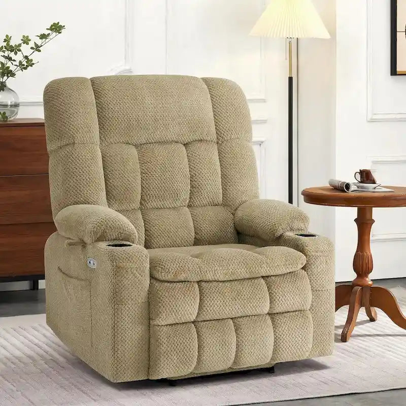 Fauteuil inclinable et releveur électrique MCombo à deux moteurs avec massage et chauffage pour personnes fortes, Tissu R7891 (Grand-Large)