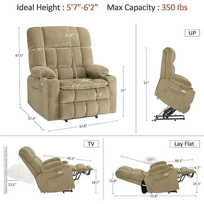 Fauteuil inclinable et releveur électrique MCombo à deux moteurs avec massage et chauffage pour personnes fortes, Tissu R7891 (Grand-Large)