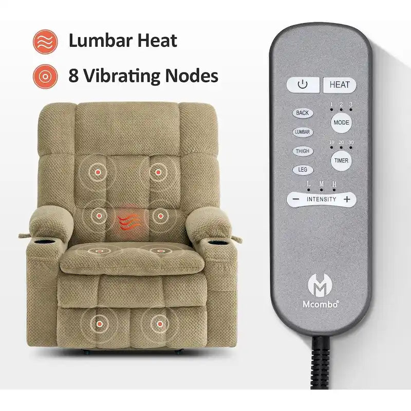 Fauteuil inclinable et releveur électrique MCombo à deux moteurs avec massage et chauffage pour personnes fortes, Tissu R7891 (Grand-Large)