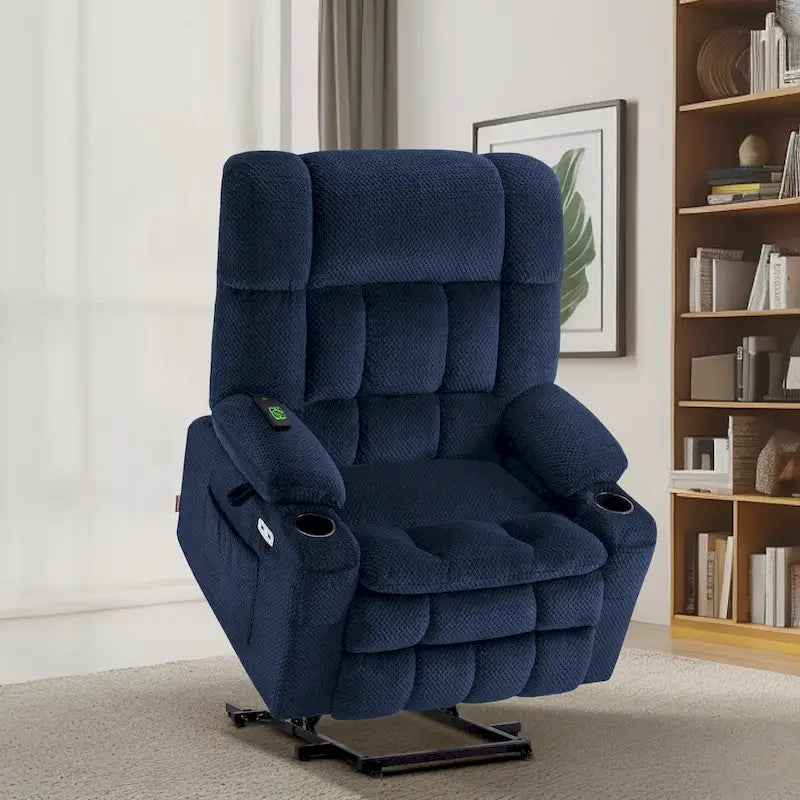 Fauteuil inclinable et releveur électrique MCombo à deux moteurs avec massage et chauffage pour personnes fortes, Tissu R7891 (Grand-Large)