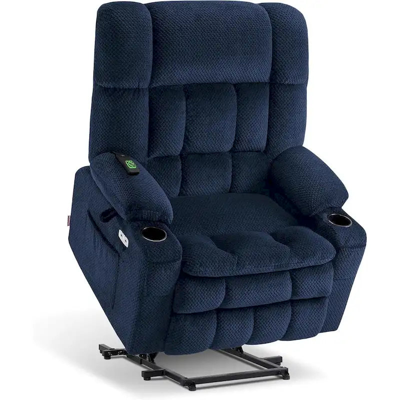 Fauteuil inclinable et releveur électrique MCombo à deux moteurs avec massage et chauffage pour personnes fortes, Tissu R7891 (Grand-Large)