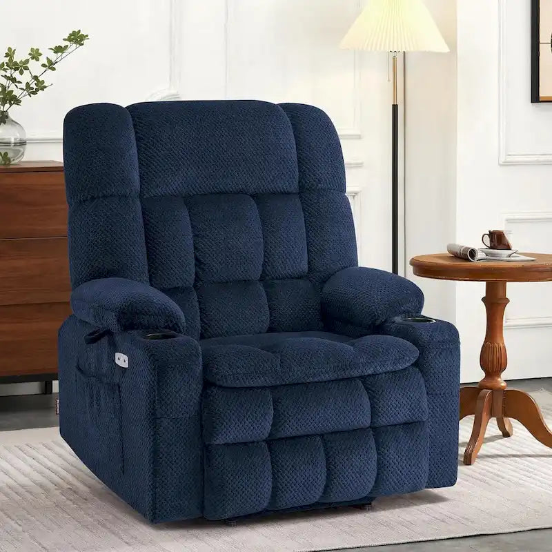Fauteuil inclinable et releveur électrique MCombo à deux moteurs avec massage et chauffage pour personnes fortes, Tissu R7891 (Grand-Large)