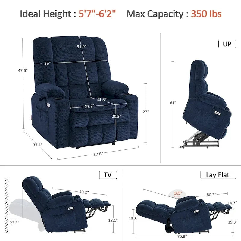 Fauteuil inclinable et releveur électrique MCombo à deux moteurs avec massage et chauffage pour personnes fortes, Tissu R7891 (Grand-Large)