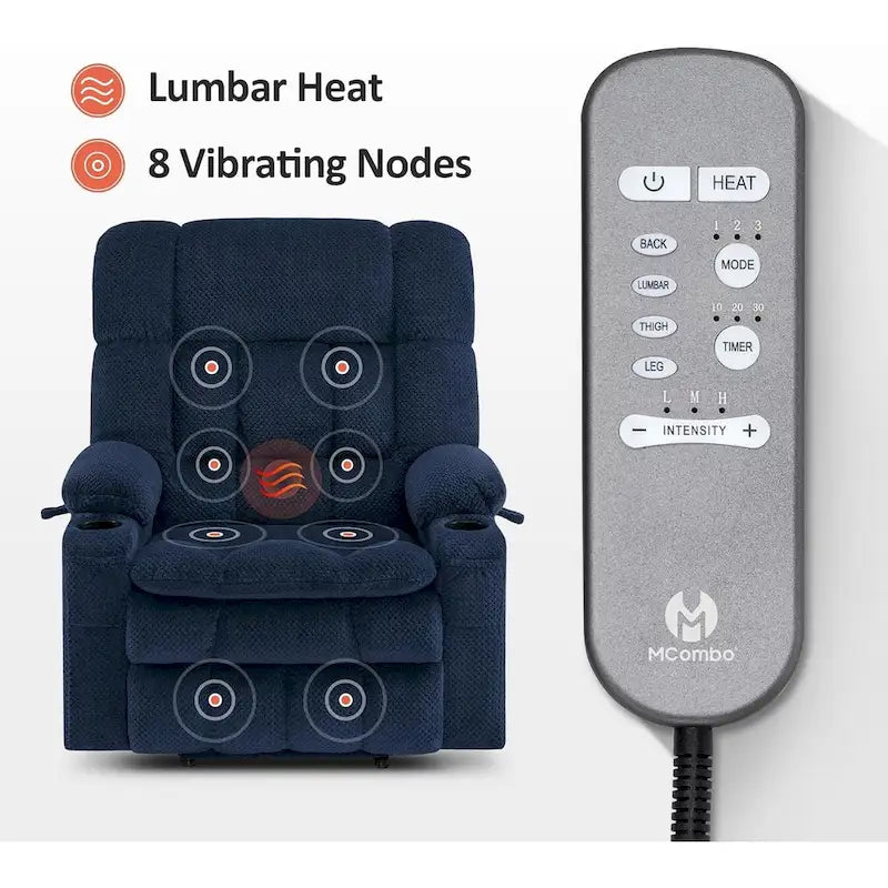 Fauteuil inclinable et releveur électrique MCombo à deux moteurs avec massage et chauffage pour personnes fortes, Tissu R7891 (Grand-Large)