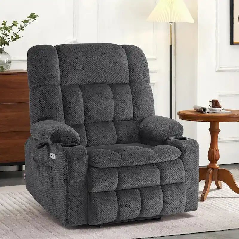 Fauteuil inclinable et releveur électrique MCombo à deux moteurs avec massage et chauffage pour personnes fortes, Tissu R7891 (Grand-Large)