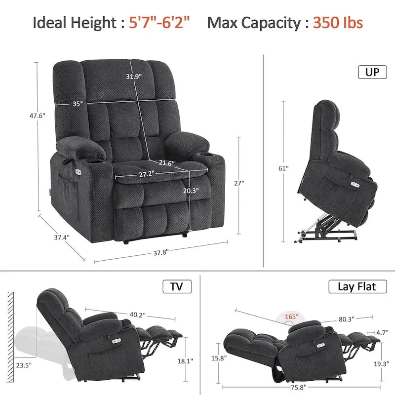 Fauteuil inclinable et releveur électrique MCombo à deux moteurs avec massage et chauffage pour personnes fortes, Tissu R7891 (Grand-Large)