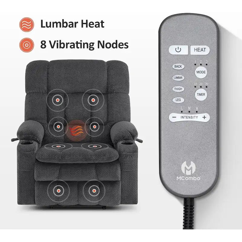 Fauteuil inclinable et releveur électrique MCombo à deux moteurs avec massage et chauffage pour personnes fortes, Tissu R7891 (Grand-Large)