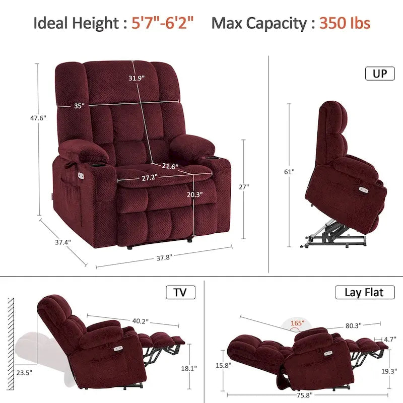 Fauteuil inclinable et releveur électrique MCombo à deux moteurs avec massage et chauffage pour personnes fortes, Tissu R7891 (Grand-Large)