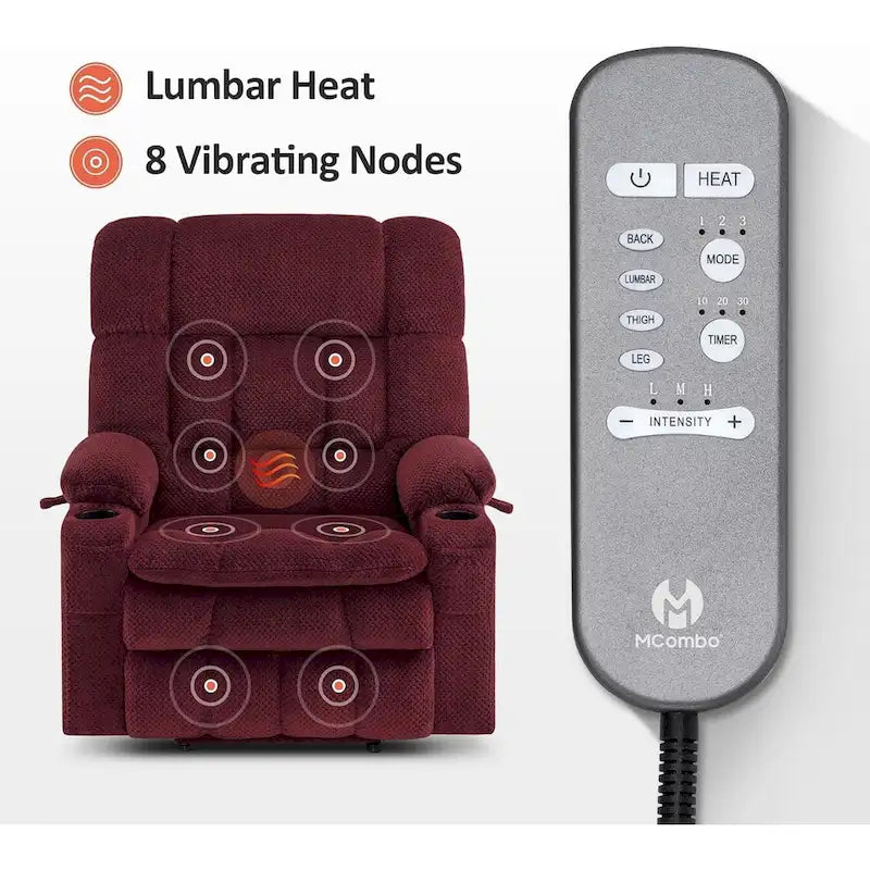 Fauteuil inclinable et releveur électrique MCombo à deux moteurs avec massage et chauffage pour personnes fortes, Tissu R7891 (Grand-Large)