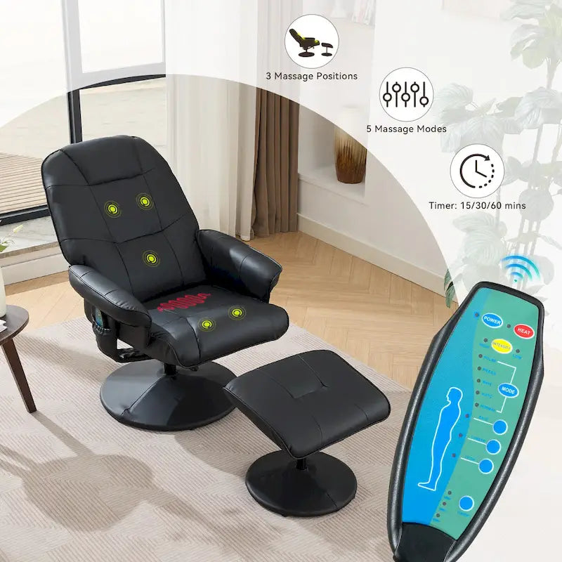 Fauteuil de massage inclinable en cuir PU avec ottoman, siège chauffant et de massage, dossier réglable à 140°