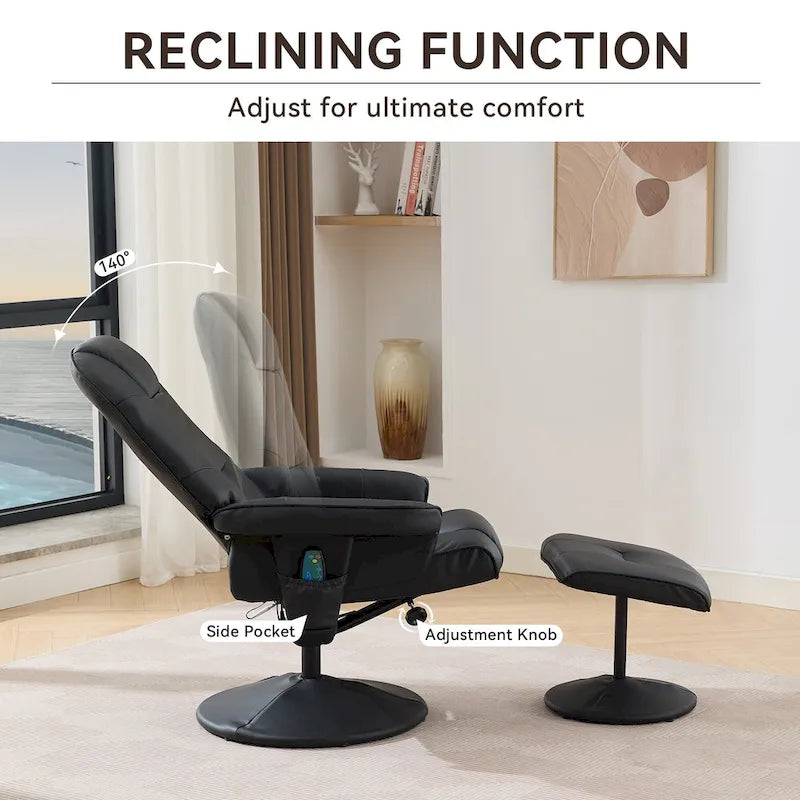 Fauteuil de massage inclinable en cuir PU avec ottoman, siège chauffant et de massage, dossier réglable à 140°