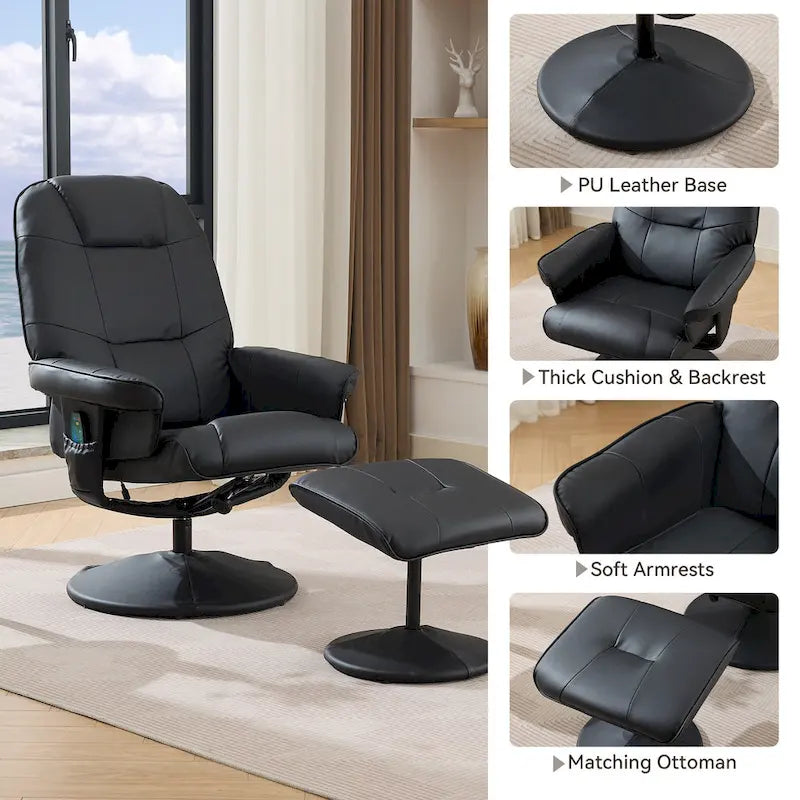 Fauteuil de massage inclinable en cuir PU avec ottoman, siège chauffant et de massage, dossier réglable à 140°