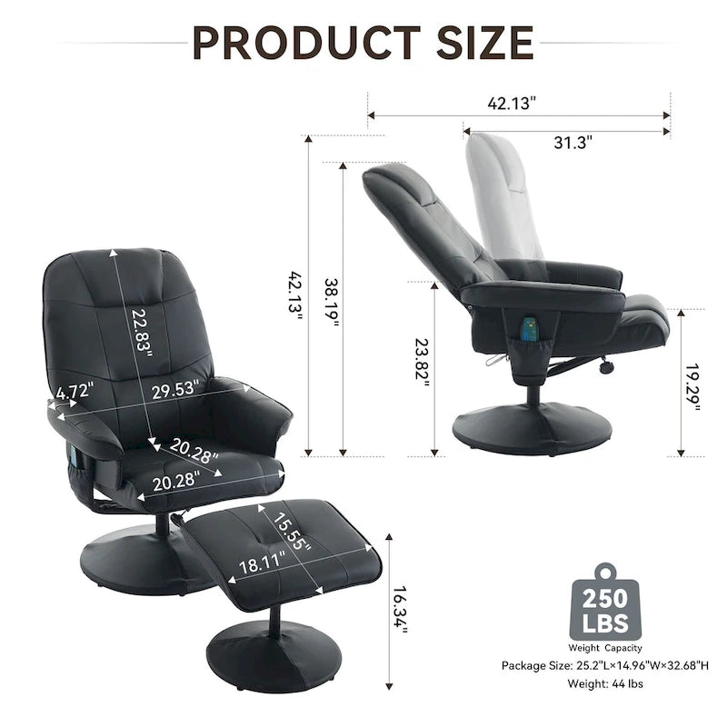 Fauteuil de massage inclinable en cuir PU avec ottoman, siège chauffant et de massage, dossier réglable à 140°