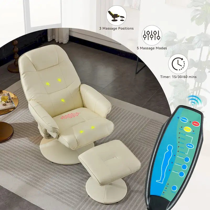Fauteuil de massage inclinable en cuir PU avec ottoman, siège chauffant et de massage, dossier réglable à 140°