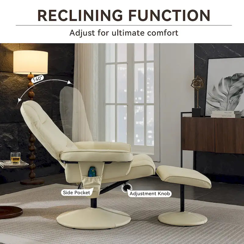 Fauteuil de massage inclinable en cuir PU avec ottoman, siège chauffant et de massage, dossier réglable à 140°
