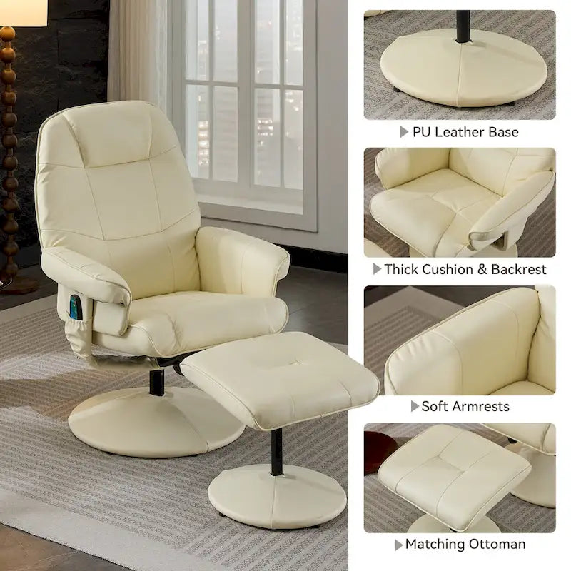 Fauteuil de massage inclinable en cuir PU avec ottoman, siège chauffant et de massage, dossier réglable à 140°