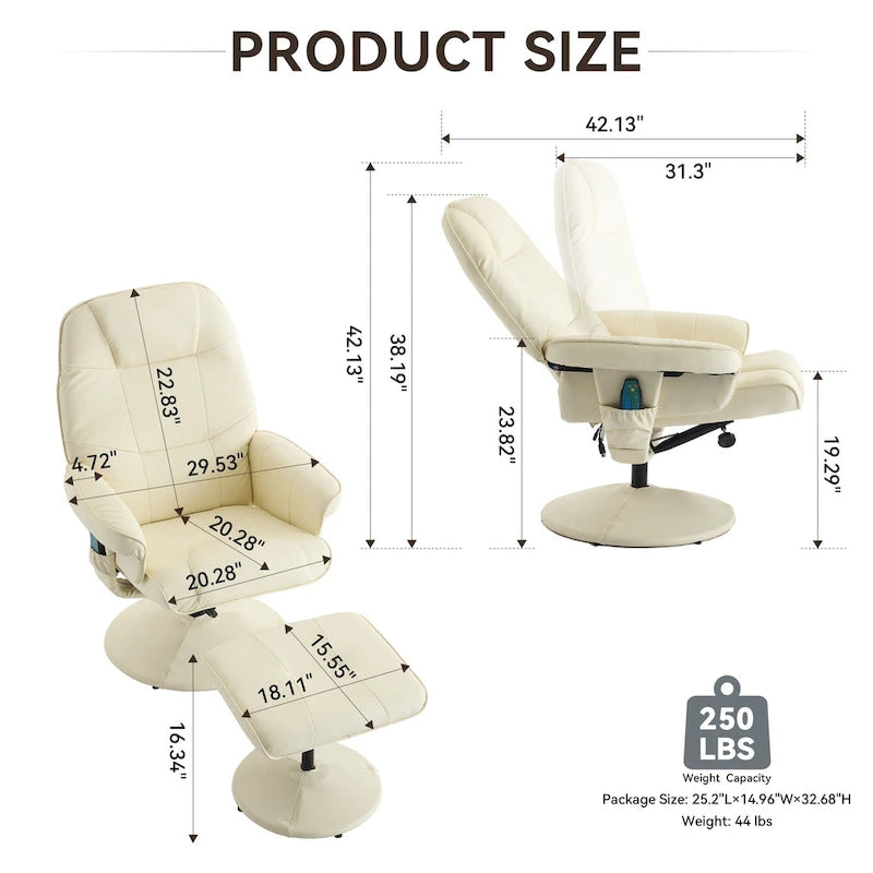 Fauteuil de massage inclinable en cuir PU avec ottoman, siège chauffant et de massage, dossier réglable à 140°