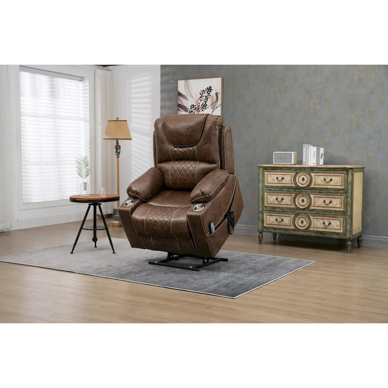 Fauteuil inclinable releveur surdimensionné en cuir PU avec massage, chauffage lombaire, porte-gobelet, inclinaison à plat 180°