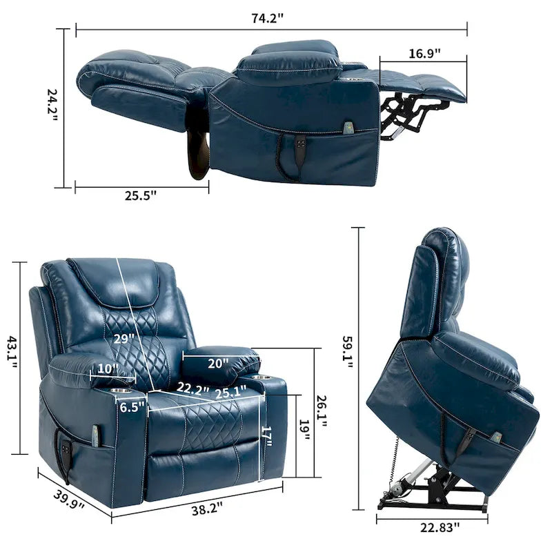 Fauteuil inclinable releveur surdimensionné en cuir PU avec massage, chauffage lombaire, porte-gobelet, inclinaison à plat 180°