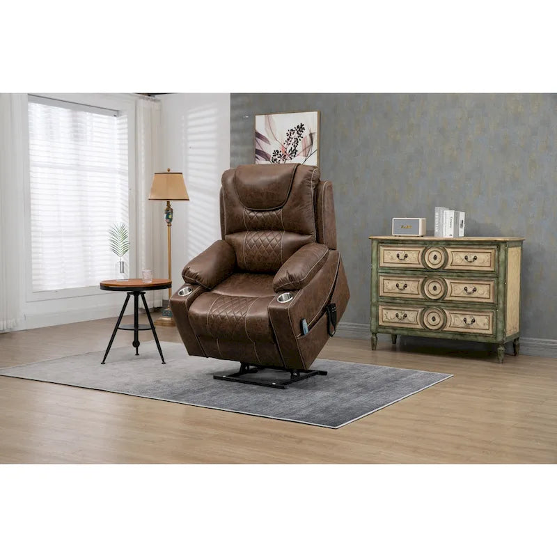 Fauteuil inclinable releveur surdimensionné en cuir PU avec massage, chauffage lombaire, porte-gobelet, inclinaison à plat 180°