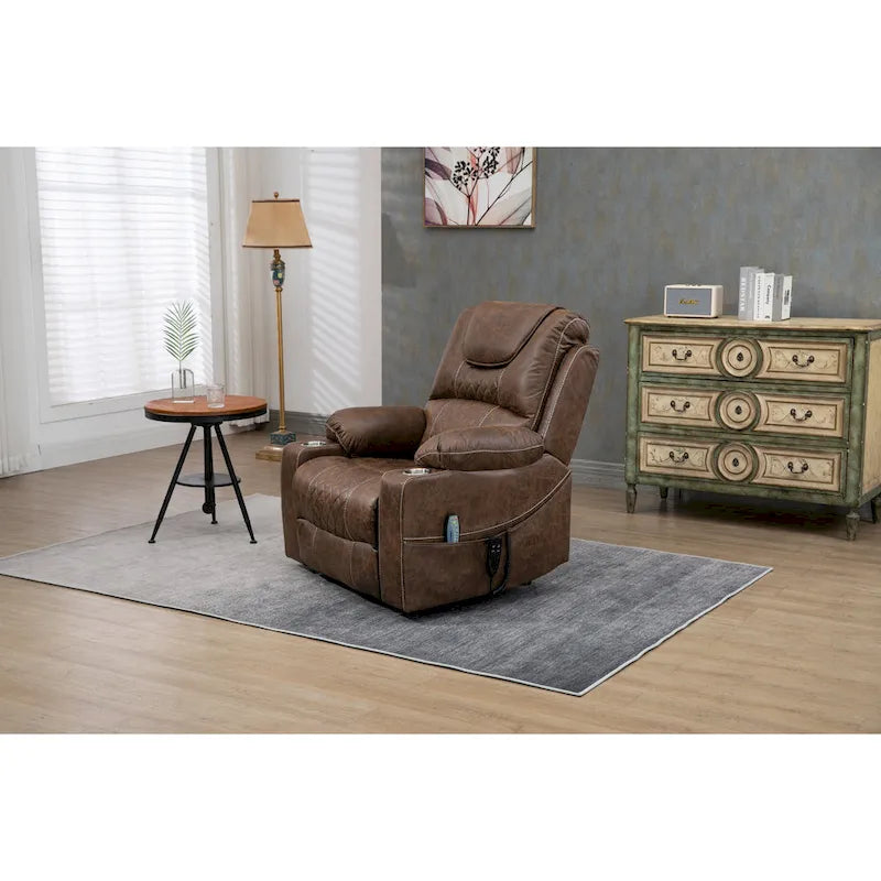 Fauteuil inclinable releveur surdimensionné en cuir PU avec massage, chauffage lombaire, porte-gobelet, inclinaison à plat 180°