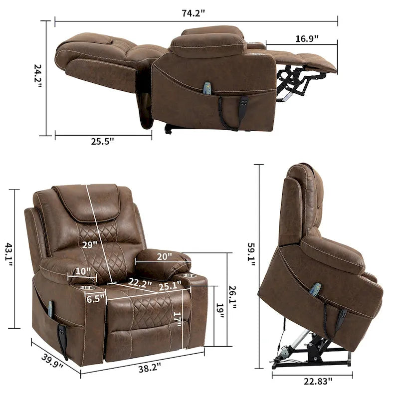 Fauteuil inclinable releveur surdimensionné en cuir PU avec massage, chauffage lombaire, porte-gobelet, inclinaison à plat 180°