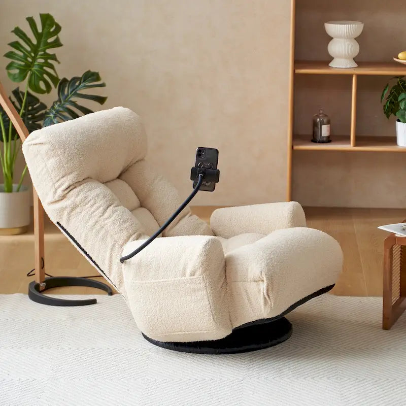 Fauteuil inclinable manuel pivotant à 360° en tissu avec support pour téléphone portable, têtière et dossier réglables