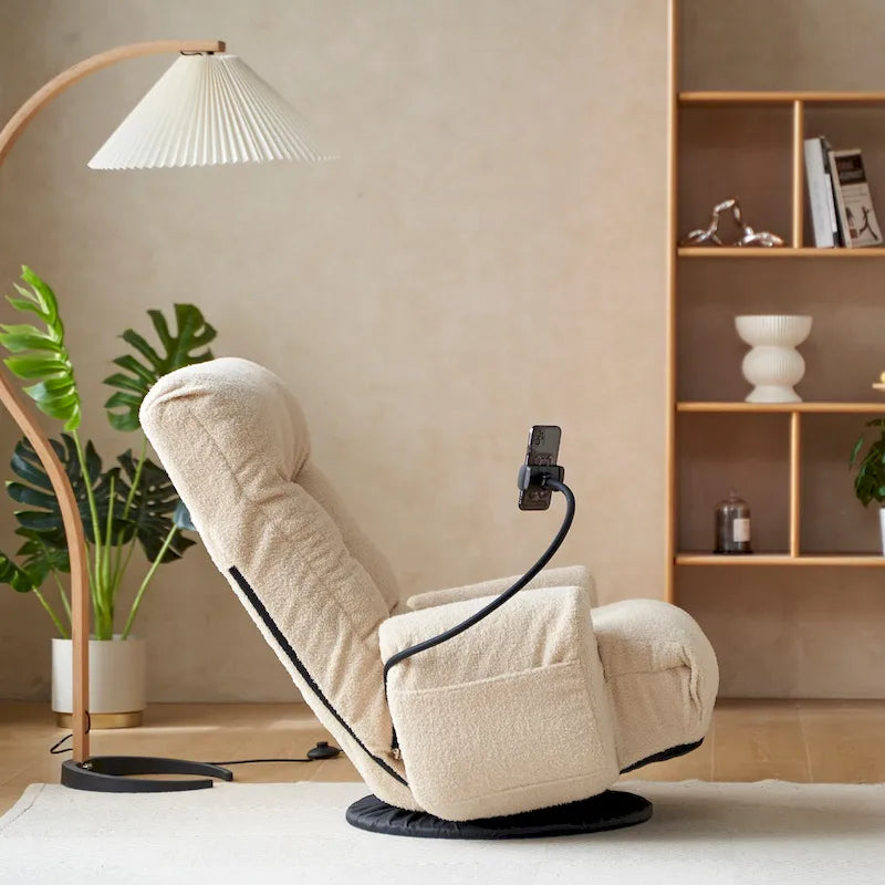 Fauteuil inclinable manuel pivotant à 360° en tissu avec support pour téléphone portable, têtière et dossier réglables