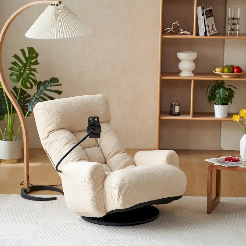 Fauteuil inclinable manuel pivotant à 360° en tissu avec support pour téléphone portable, têtière et dossier réglables