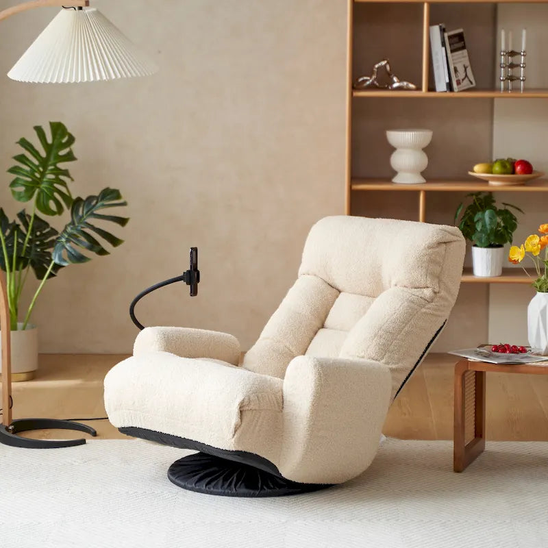 Fauteuil inclinable manuel pivotant à 360° en tissu avec support pour téléphone portable, têtière et dossier réglables