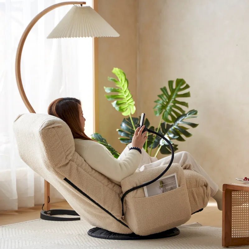 Fauteuil inclinable manuel pivotant à 360° en tissu avec support pour téléphone portable, têtière et dossier réglables