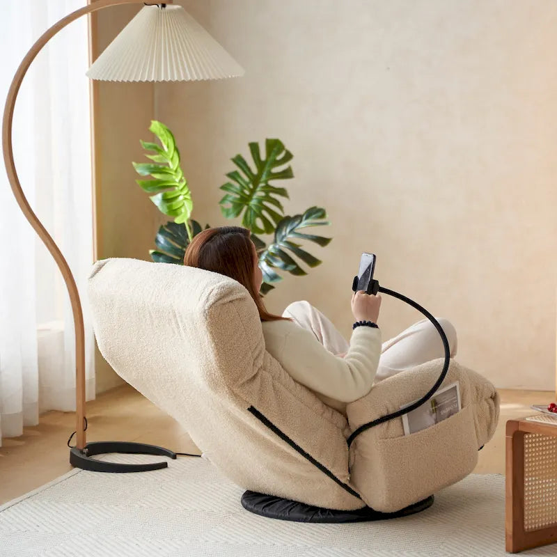 Fauteuil inclinable manuel pivotant à 360° en tissu avec support pour téléphone portable, têtière et dossier réglables