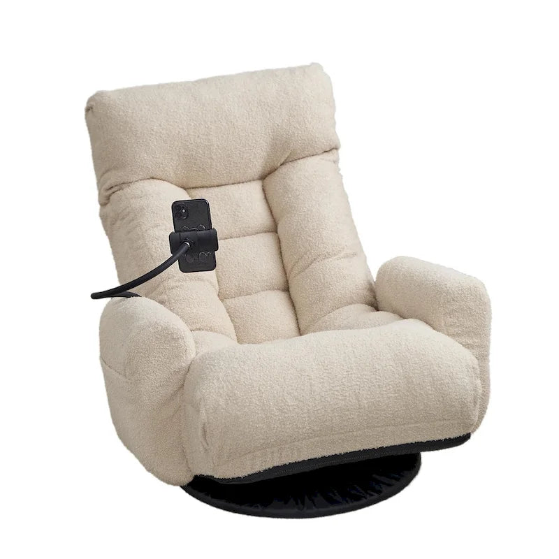 Fauteuil inclinable manuel pivotant à 360° en tissu avec support pour téléphone portable, têtière et dossier réglables