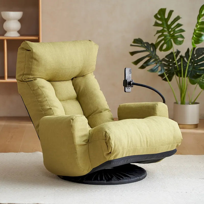 Fauteuil inclinable manuel pivotant à 360° en tissu avec support pour téléphone portable, têtière et dossier réglables