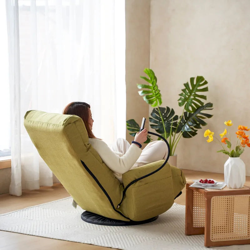 Fauteuil inclinable manuel pivotant à 360° en tissu avec support pour téléphone portable, têtière et dossier réglables