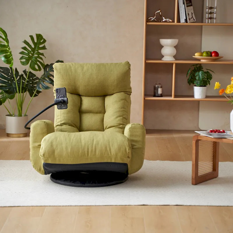 Fauteuil inclinable manuel pivotant à 360° en tissu avec support pour téléphone portable, têtière et dossier réglables